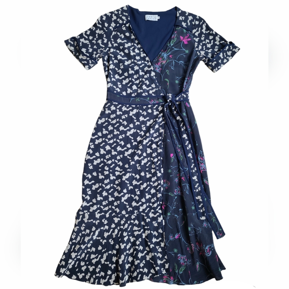 Tanya Taylor SILK Luisa Wrap Dress Navy Floral Belted Midi Dress Women's Size 4